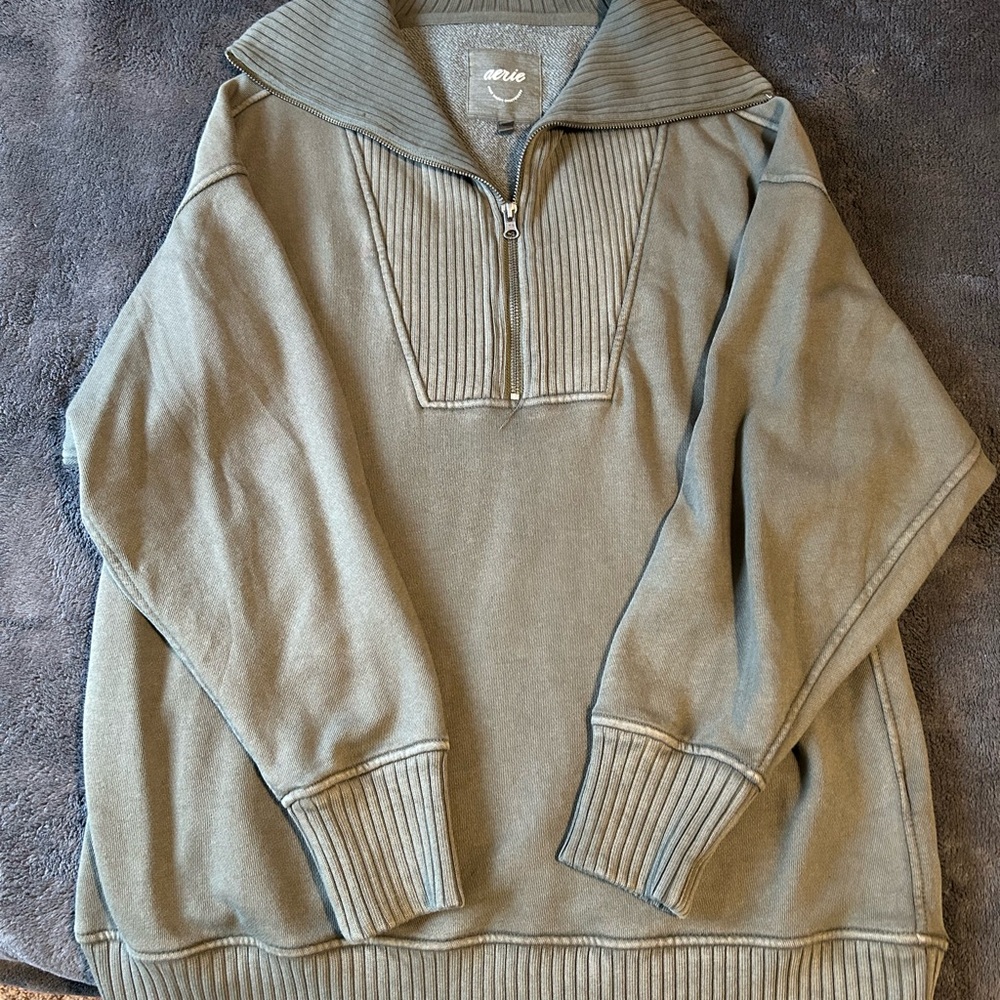 Aerie Sage Green Zip-Up Sweater